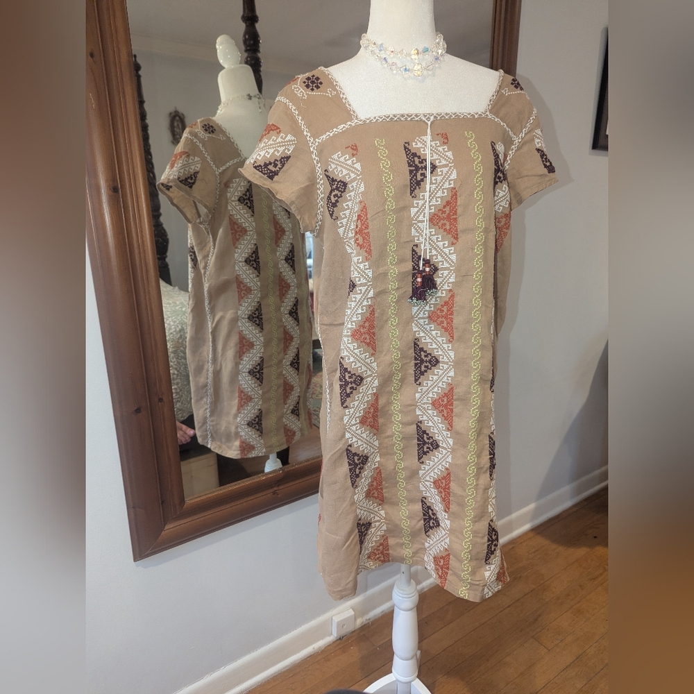Calypso St. Barth Beige Embroidered Geometric Mini Dress
